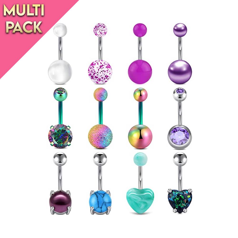 Limited Edition 12 Pack Rainbow Crystal Belly Button Ring Set
