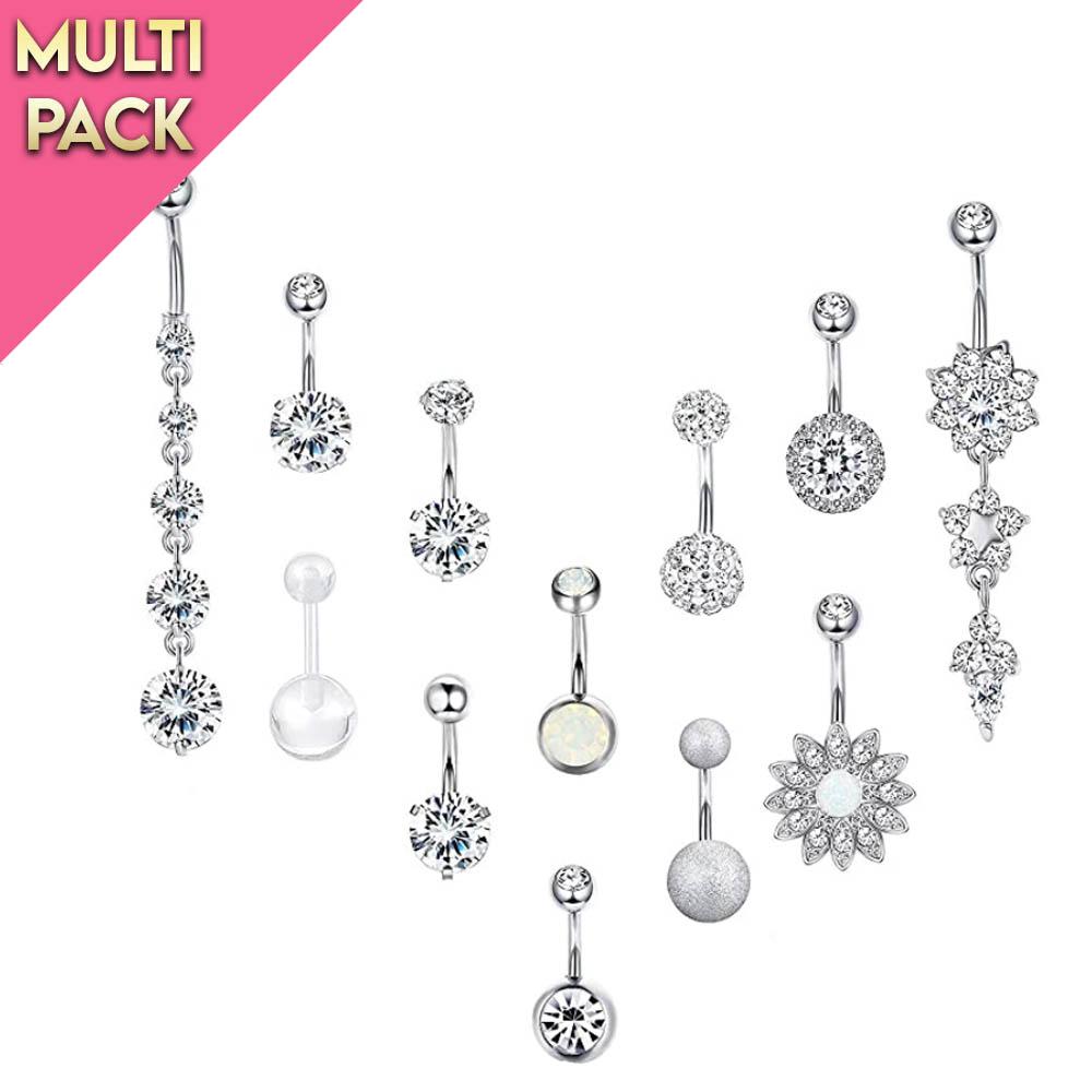 Limited Edition 12 Pack Silver Crystal Belly Button Ring Set
