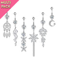 Limited Edition 6 Pack Silver Dangling Belly Button Ring Set