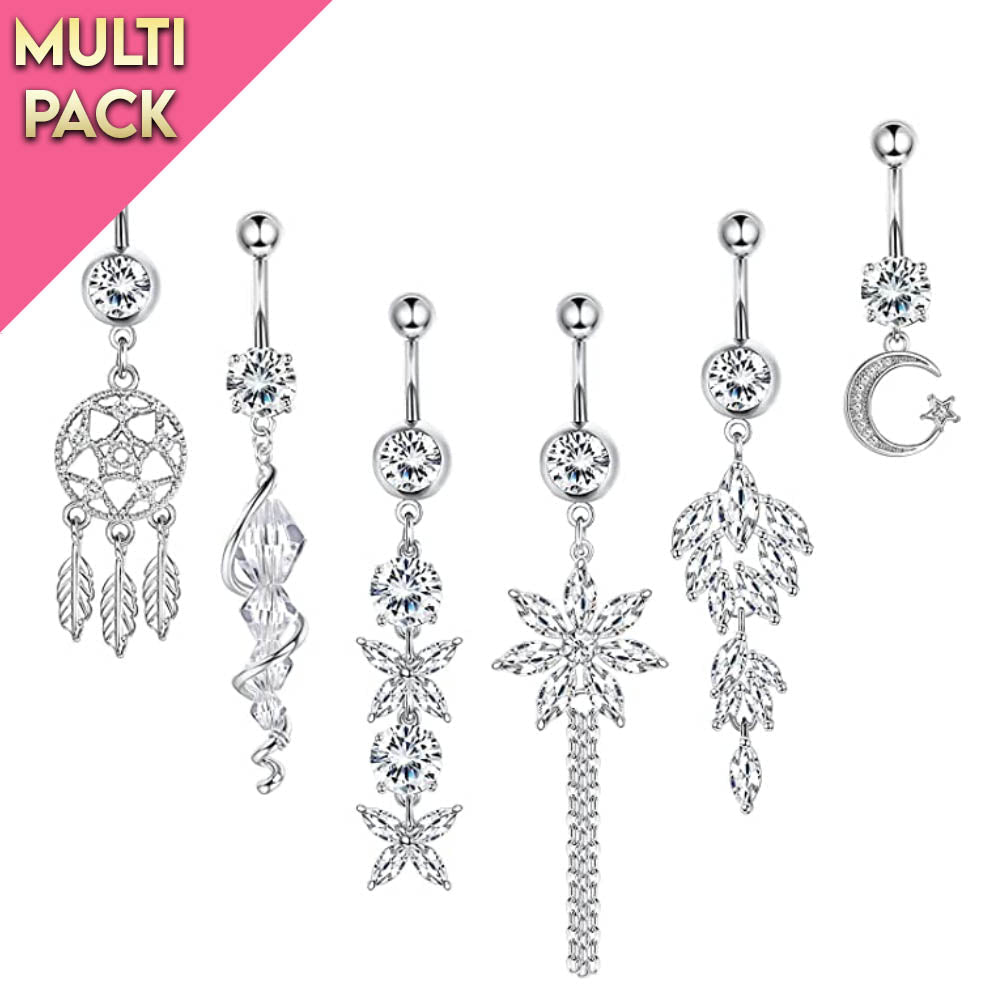 Limited Edition 6 Pack Silver Dangling Belly Button Ring Set