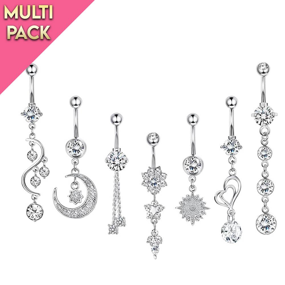 Limited Edition 7 Pack Dangling Belly Button Ring Set Silver