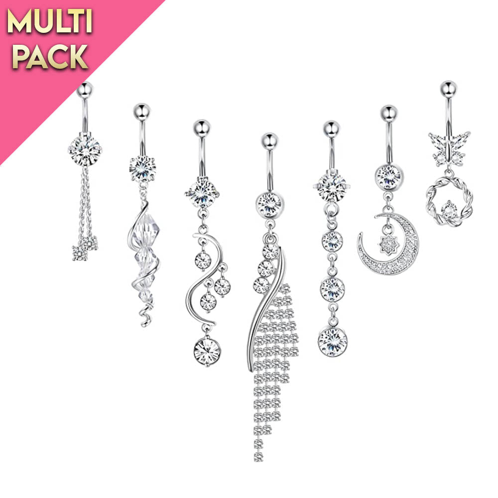 Limited Edition 7 Pack Silver Crystal Dangling Belly Button Ring Set