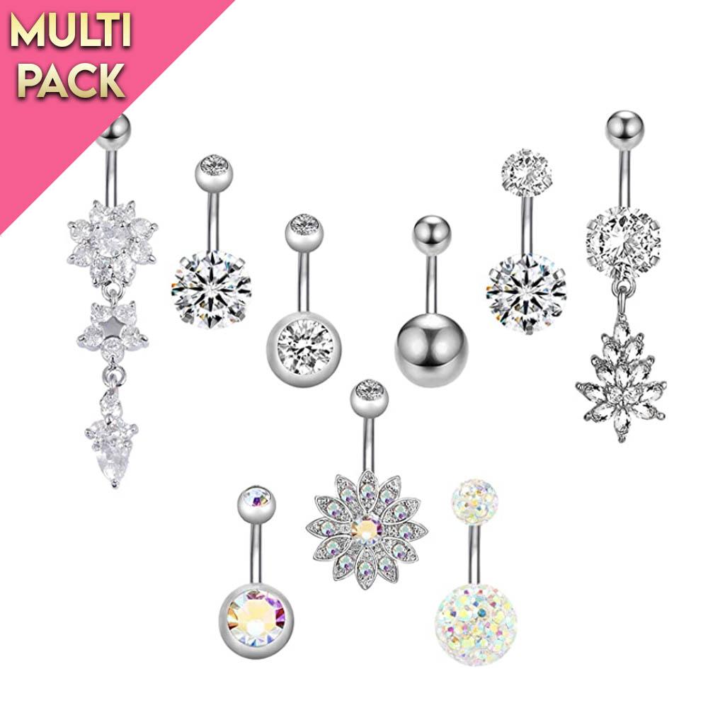 Limited Edition 9 Pack Crystal Belly Button Ring Set Silver