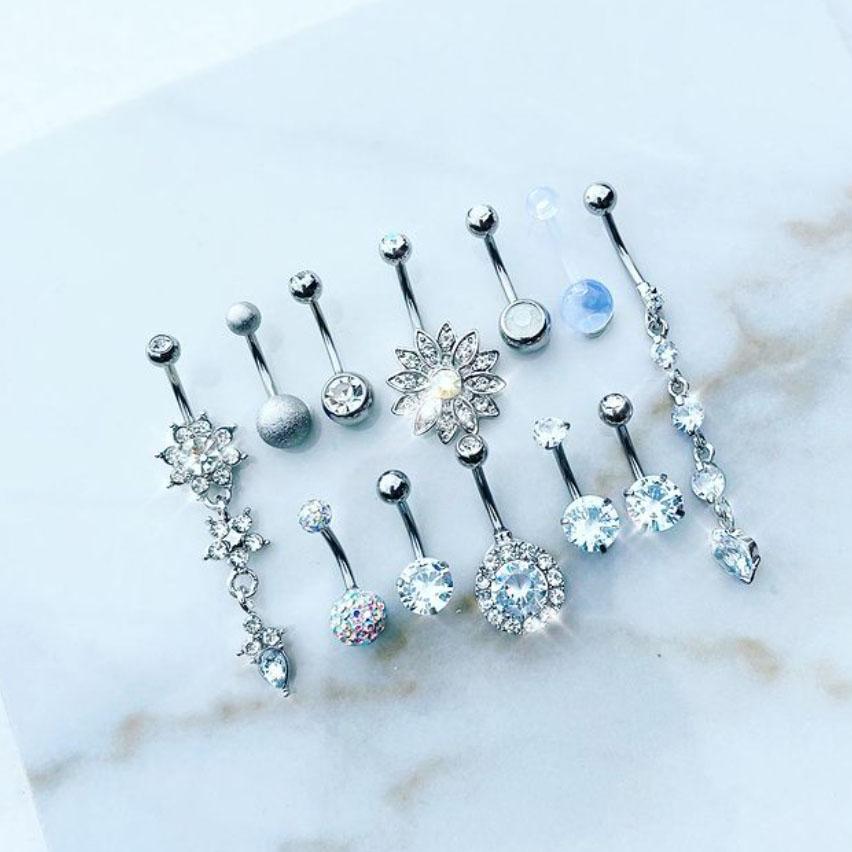 Limited Edition 9 Pack Crystal Belly Button Ring Set Silver