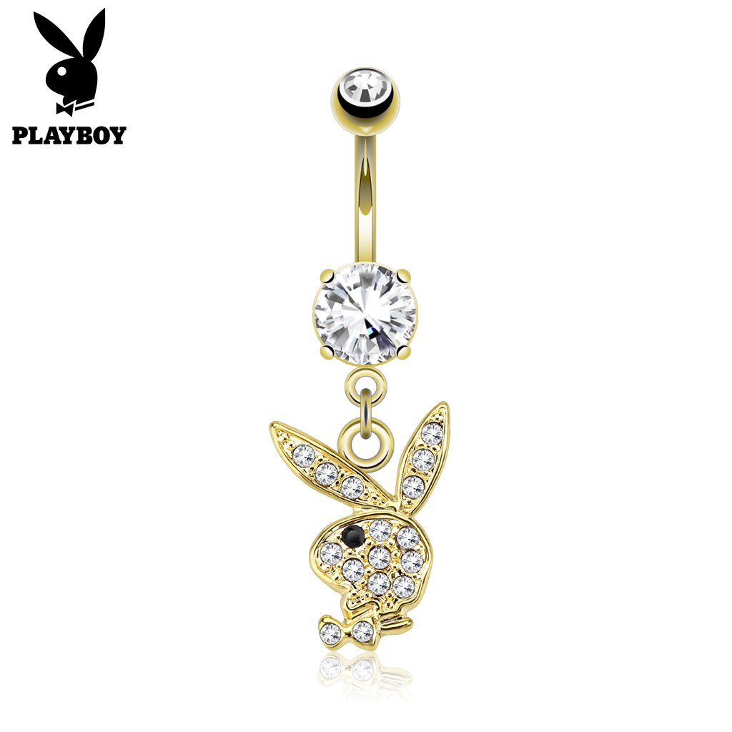 Official Playboy Dangling Glitter Belly Button Ring - Gold