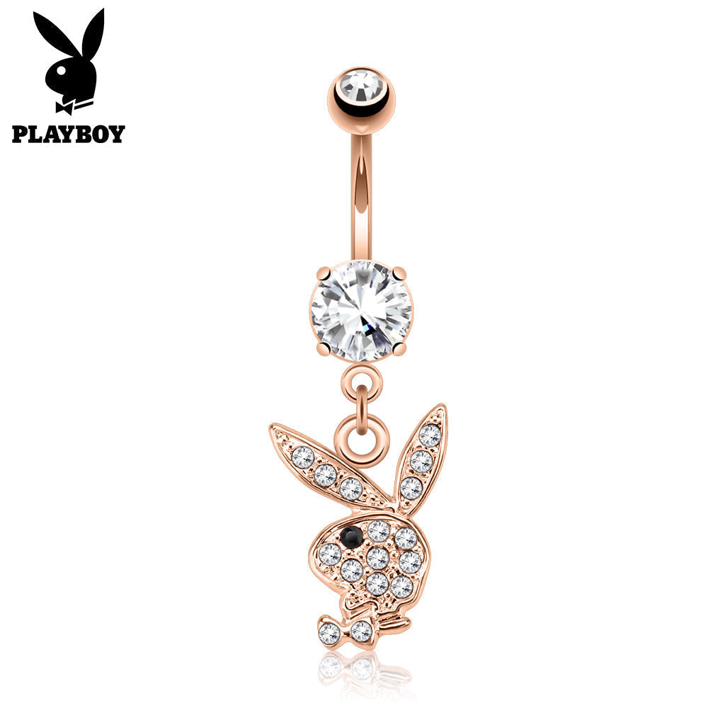 Official Playboy Dangling Glitter Belly Button Ring - Rose Gold