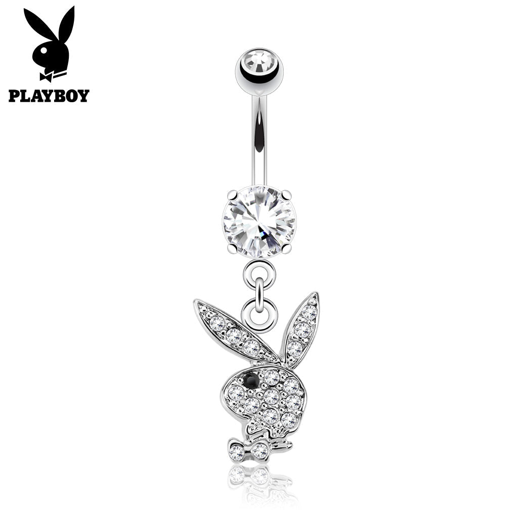Official Playboy Dangling Glitter Belly Button Ring - Silver