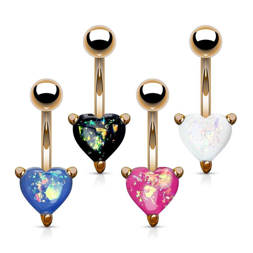Opal Glitter Heart Belly Button Ring - Gold
