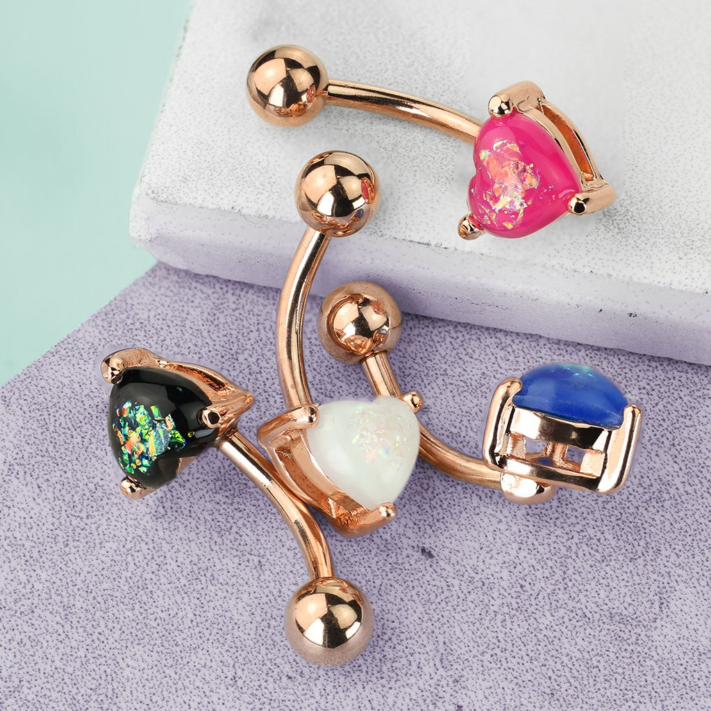 Opal Glitter Heart Belly Button Ring - Gold