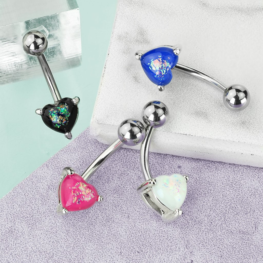 Opal Glitter Heart Belly Button Ring - Silver