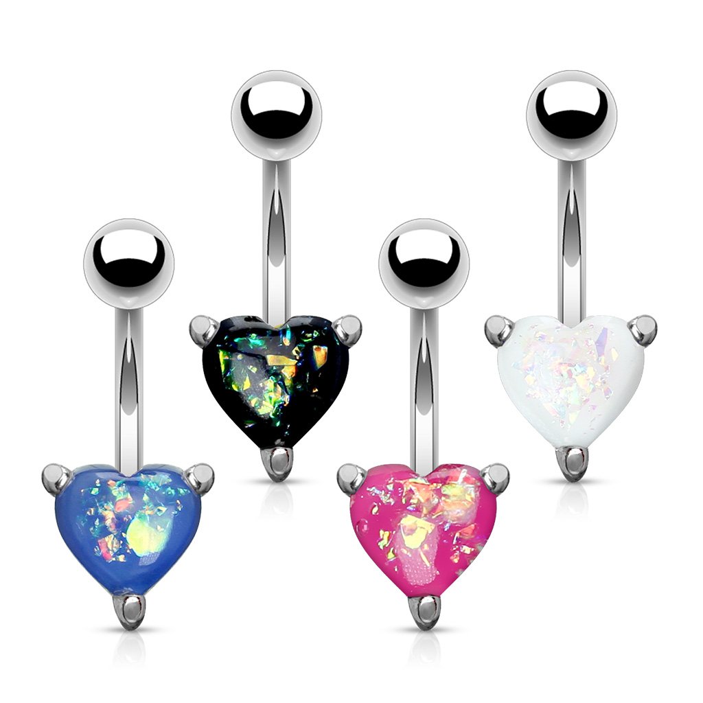 Opal Glitter Heart Belly Button Ring - Silver