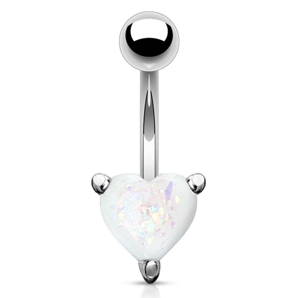 Opal Glitter Heart Belly Button Ring - Silver