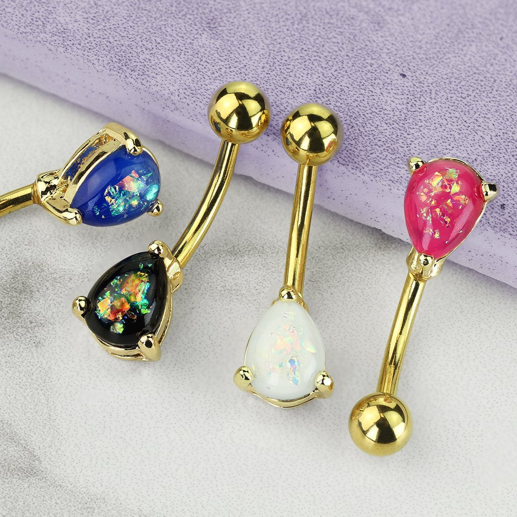 Opal Tear Drop Belly Bar - Gold
