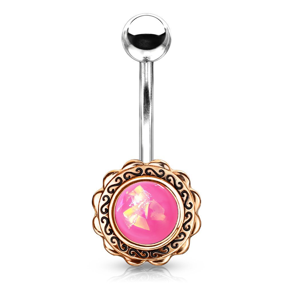 Rose Gold Filigree Flower Opal Belly Button Ring