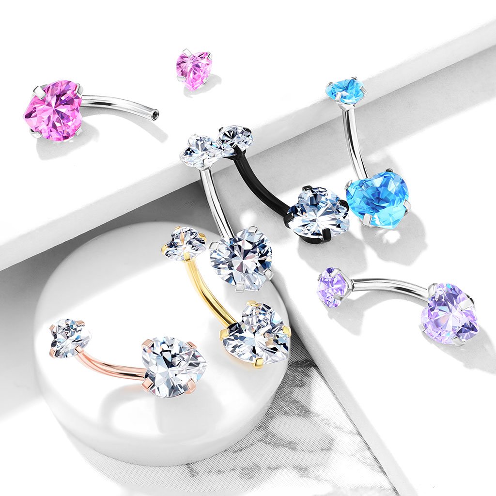 Prong Set Double Crystal Heart Belly Button Ring