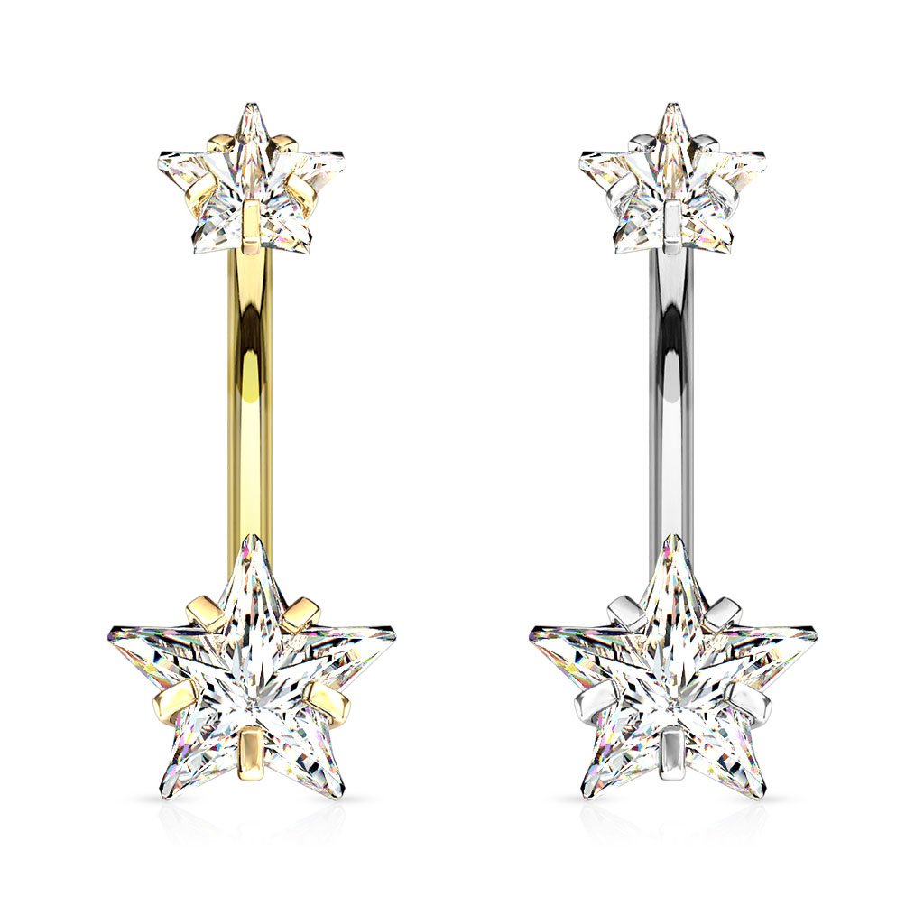 Prong Set Double Crystal Star Belly Button Ring - Silver / Gold