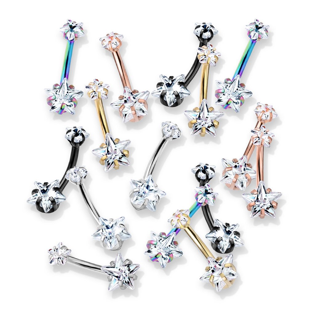 Prong Set Double Crystal Star Belly Button Ring - Silver / Gold