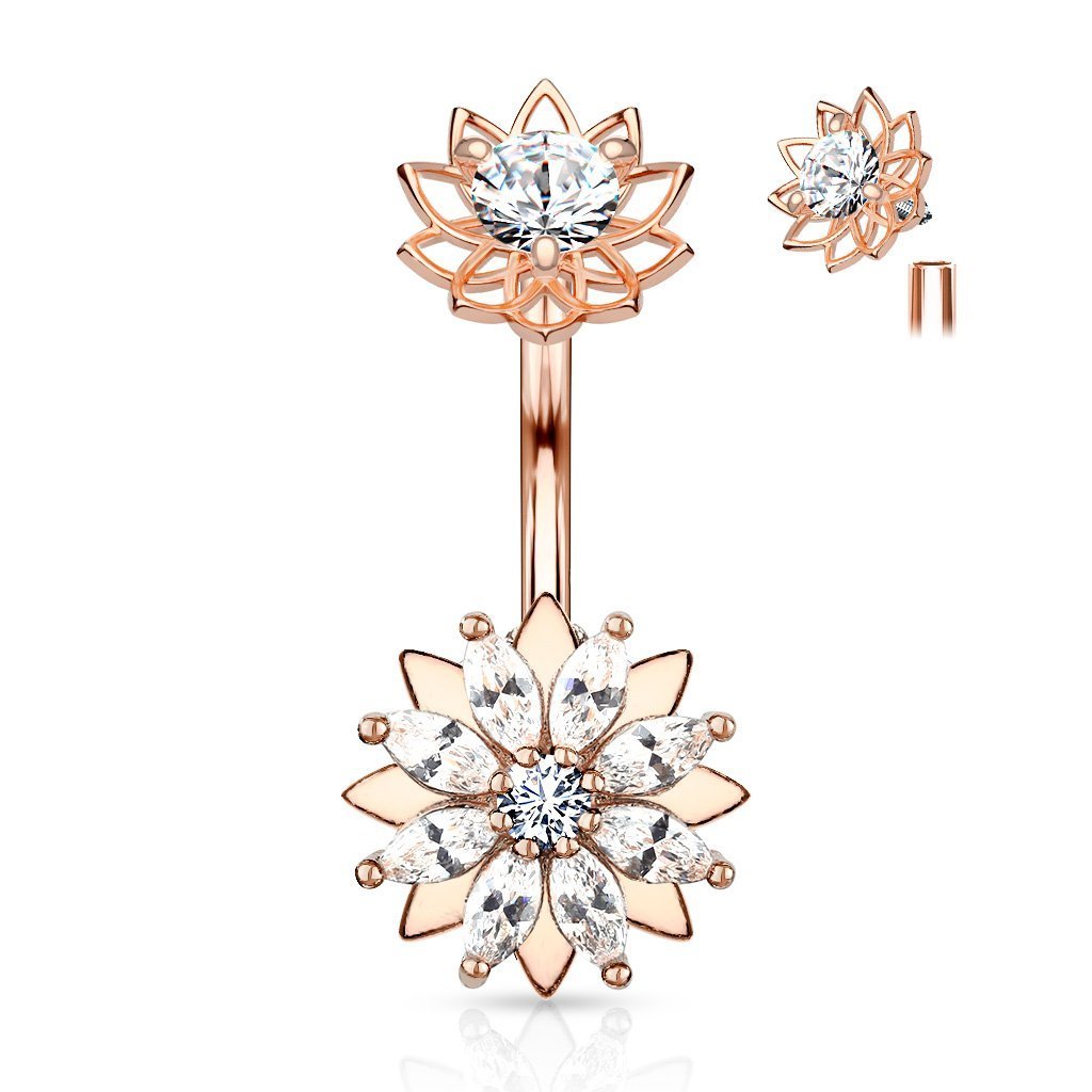 Internally Threaded Crystal Double Flower Belly Button Ring