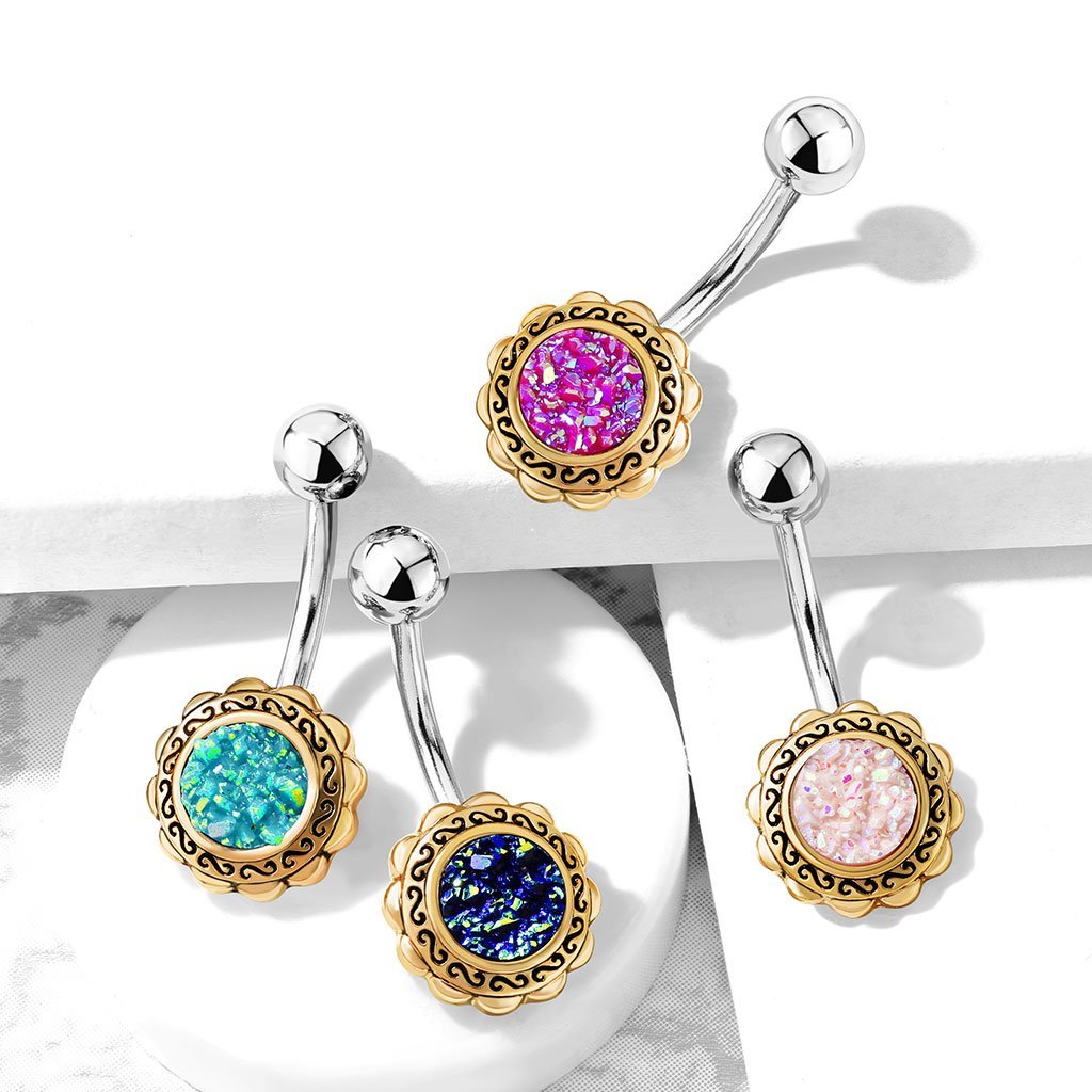 Rose Gold Filigree Flower Druzy Belly Button Ring