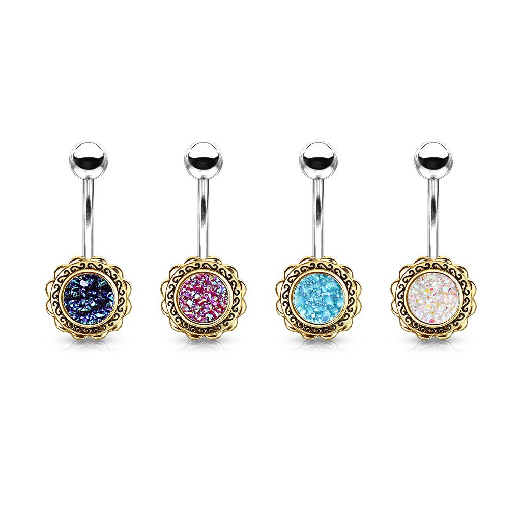 Rose Gold Filigree Flower Druzy Belly Button Ring