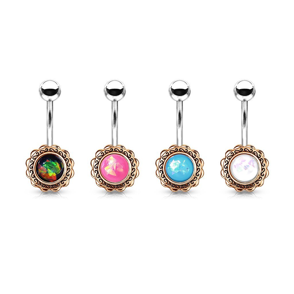 Rose Gold Filigree Flower Opal Belly Button Ring