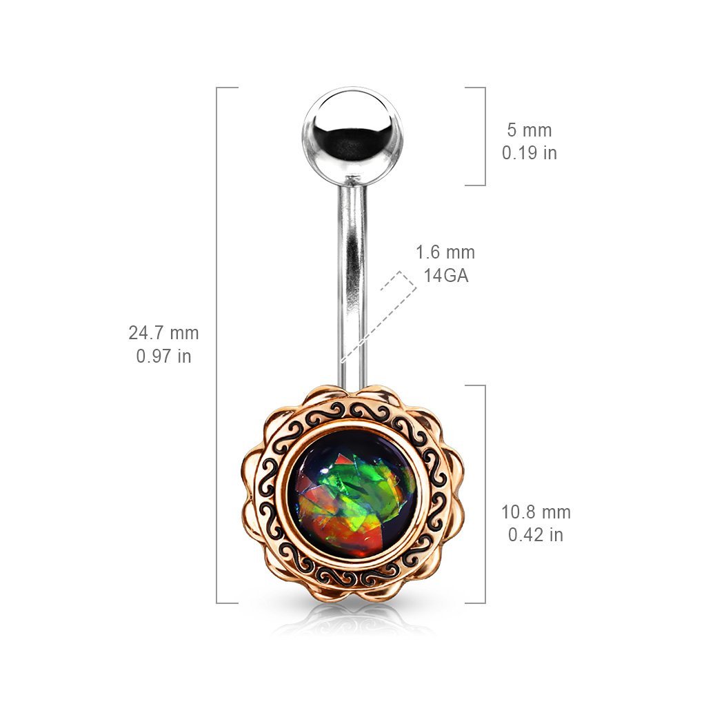 Rose Gold Filigree Flower Opal Belly Button Ring