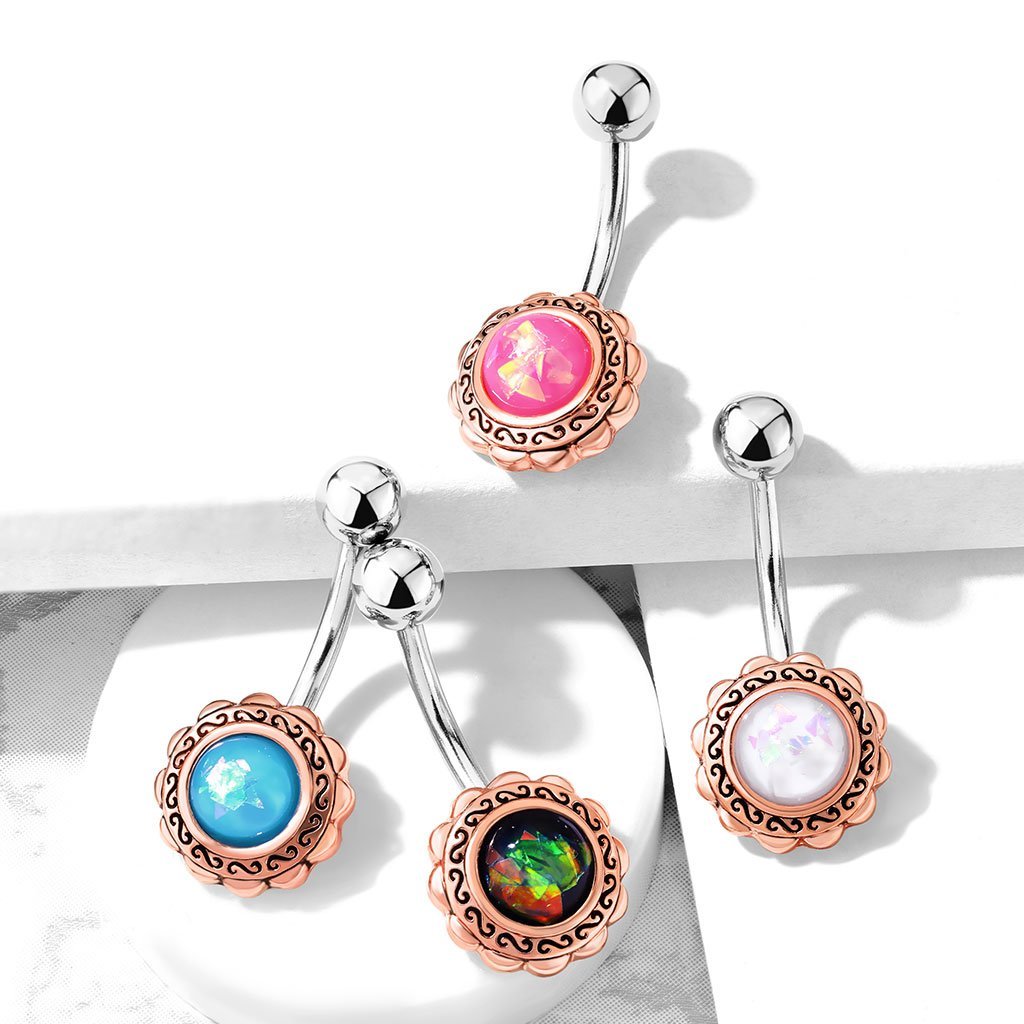 Rose Gold Filigree Flower Opal Belly Button Ring