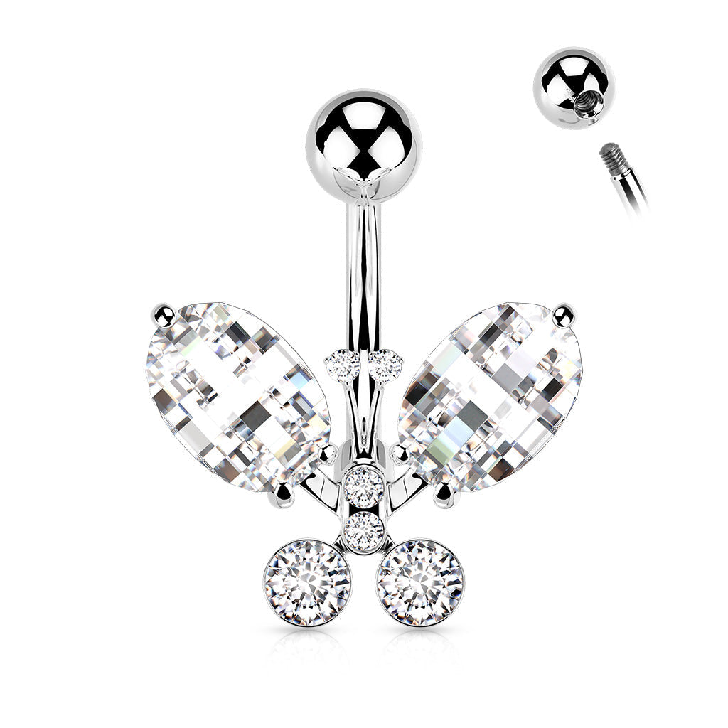 Silver Crystal Butterfly Belly Bar