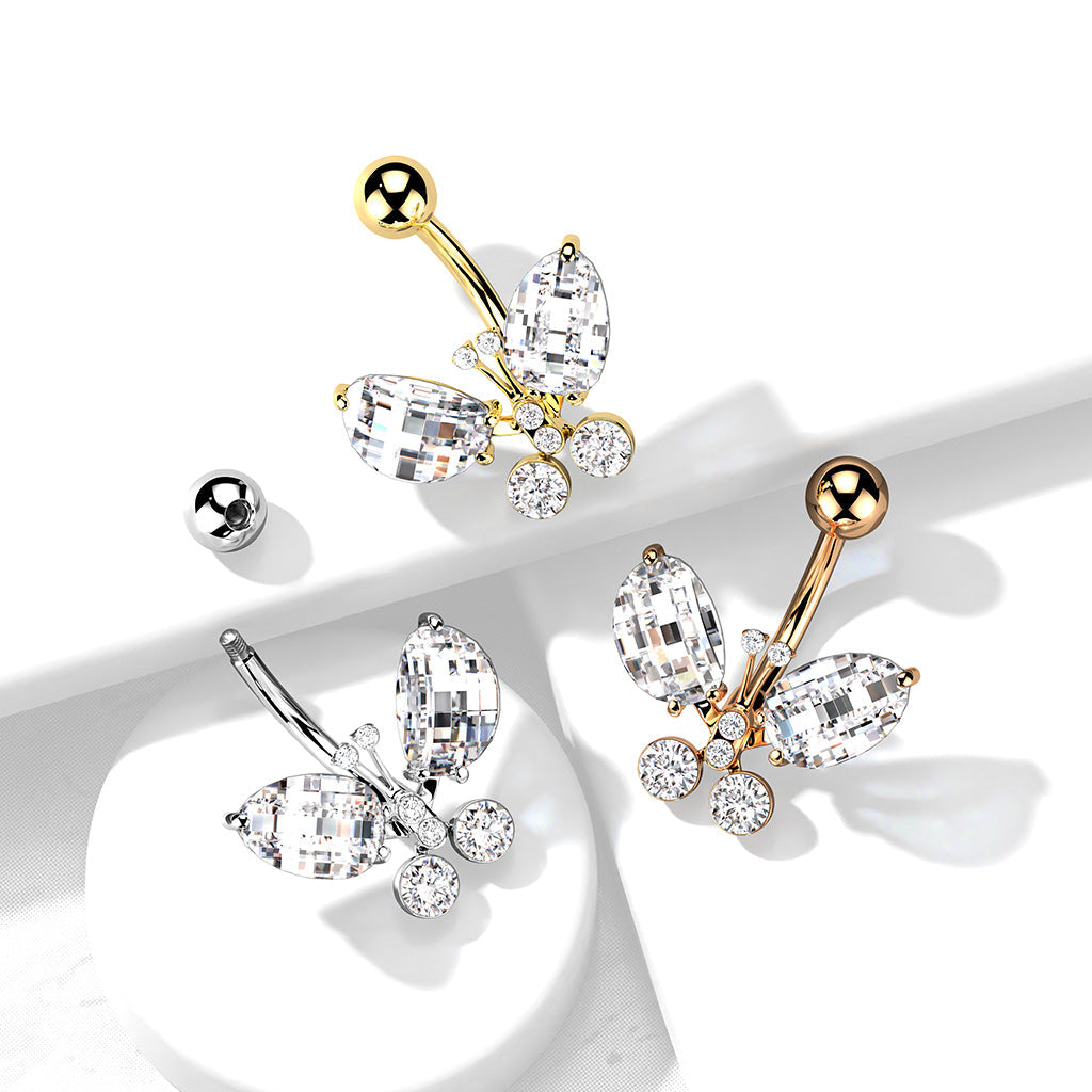 Silver Crystal Butterfly Belly Bar