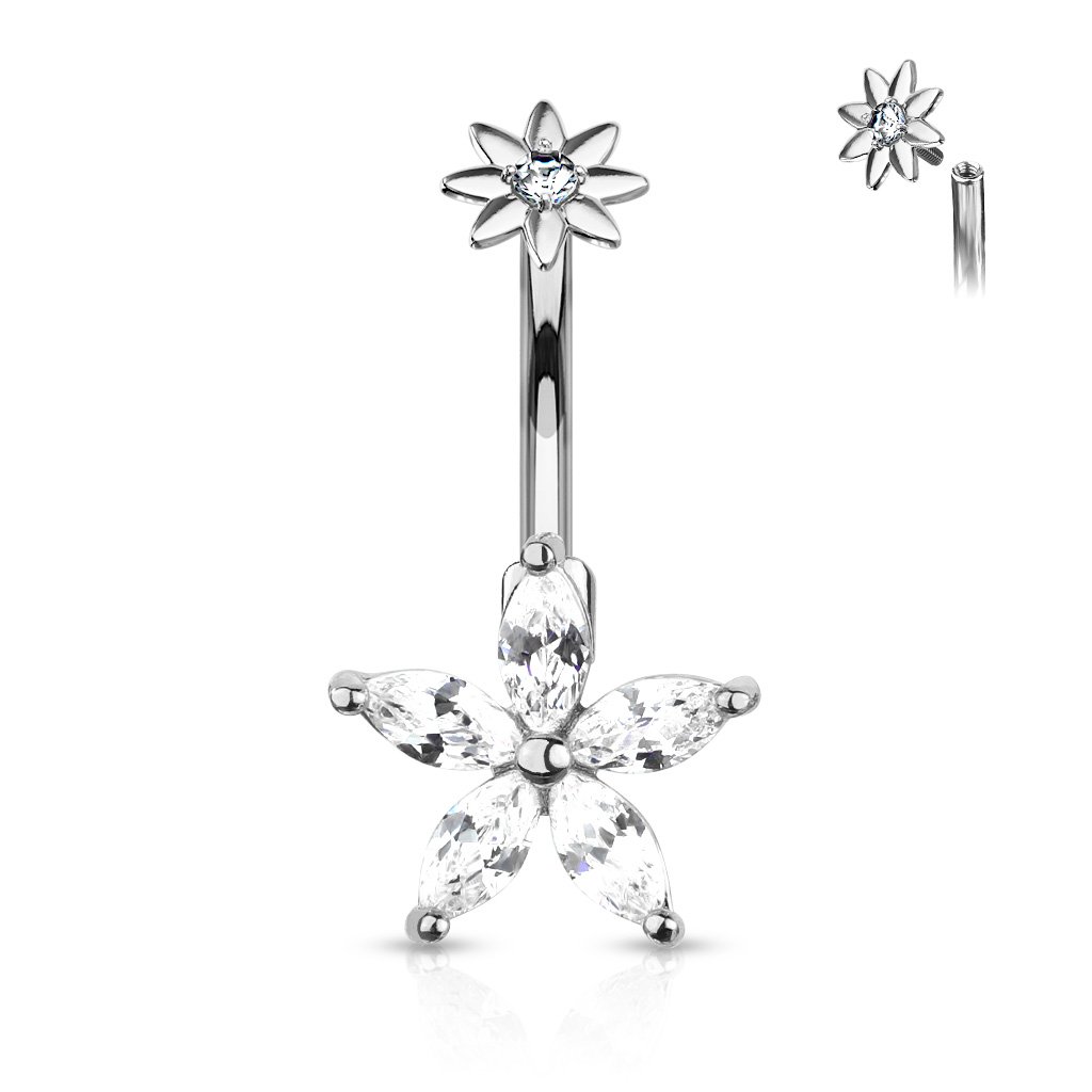 Silver Marquise Flower Crystal Belly Button Ring