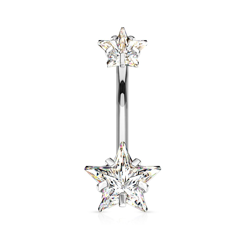Prong Set Double Crystal Star Belly Button Ring - Silver / Gold