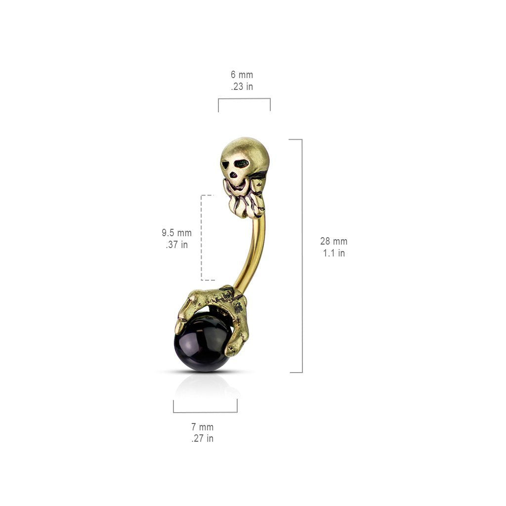 Spooky Skull Onyx Belly Button Ring - Gold
