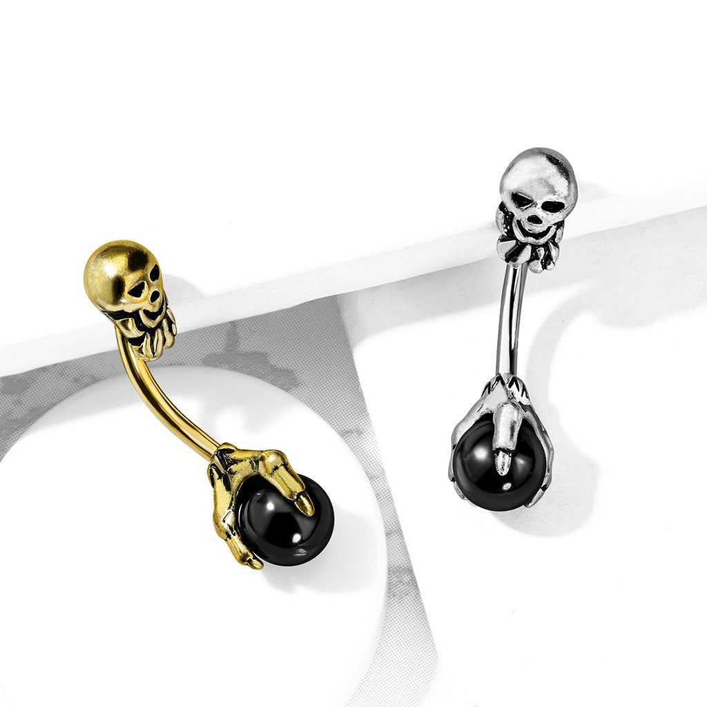 Spooky Skull Onyx Belly Button Ring - Gold