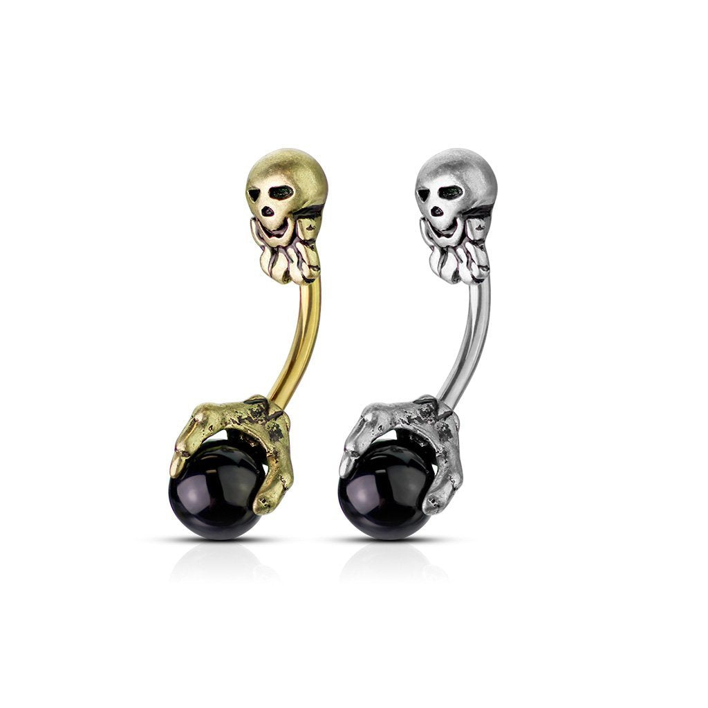 Spooky Skull Onyx Belly Button Ring - Silver