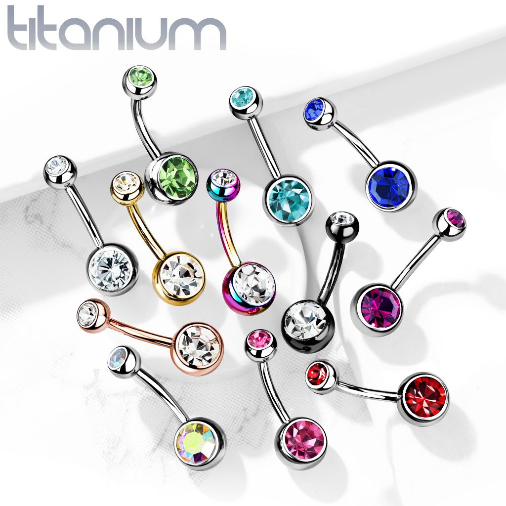 Titanium Double Crystal Belly Button Ring