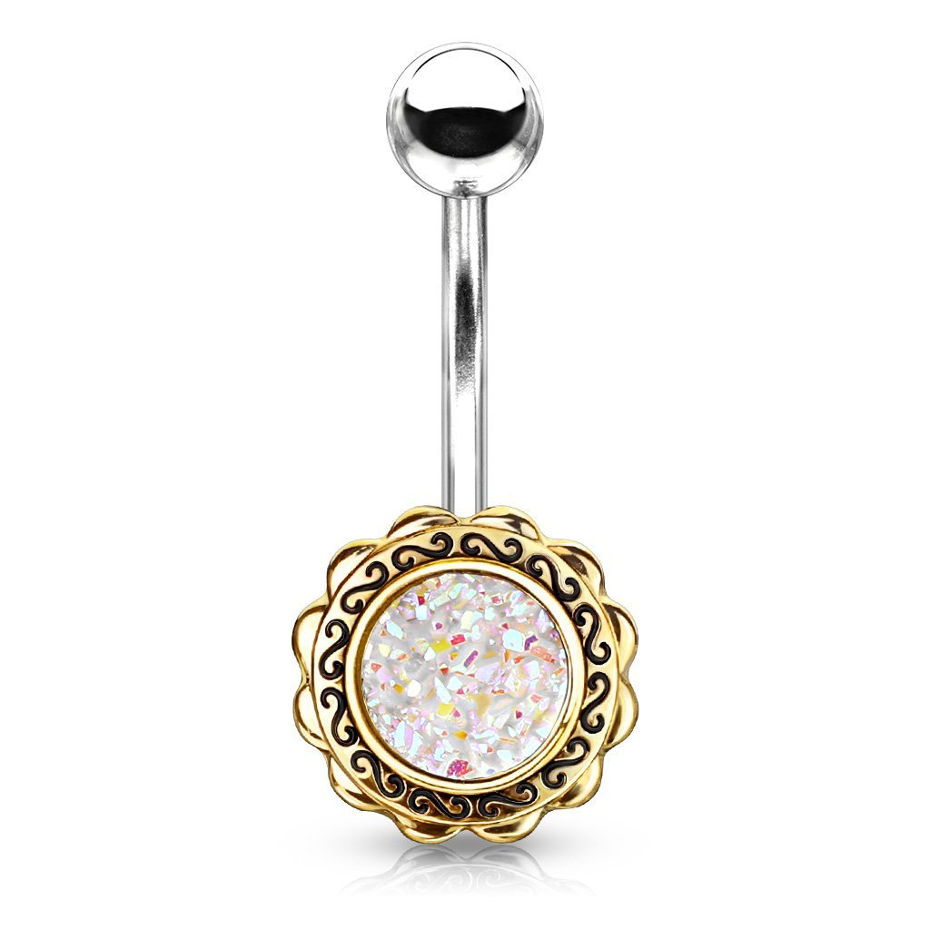 Rose Gold Filigree Flower Druzy Belly Button Ring
