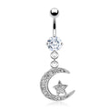 Dangling Moon & Star Belly Button Ring - Silver