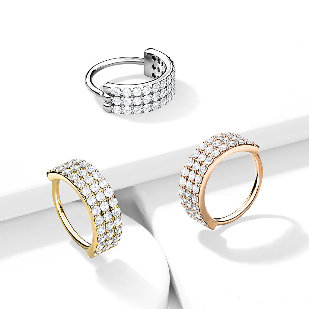 16 Gauge Triple Lined Silver Half Circle Crystal Hoop Ring