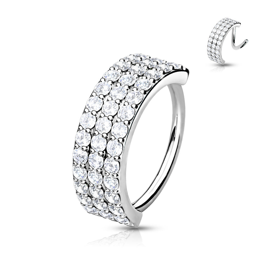 16 Gauge Triple Lined Silver Half Circle Crystal Hoop Ring