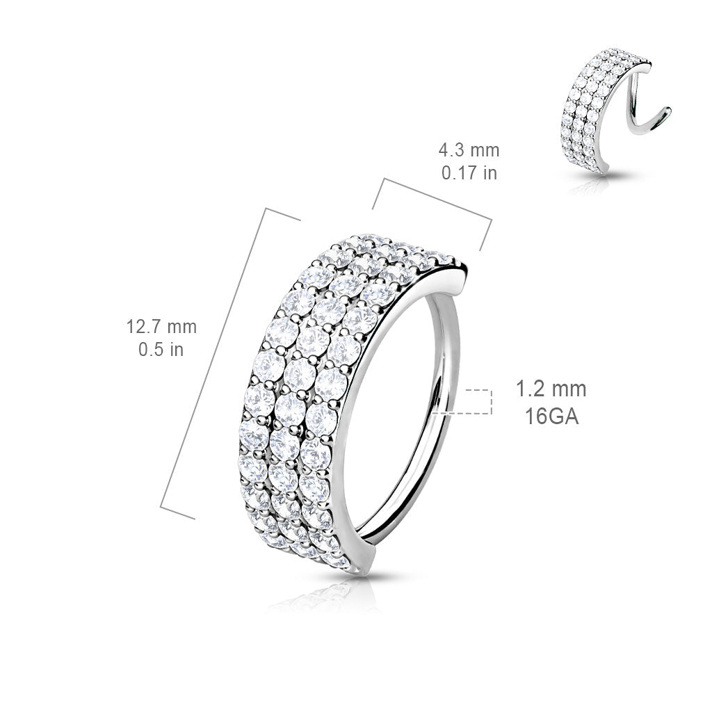 16 Gauge Triple Lined Silver Half Circle Crystal Hoop Ring