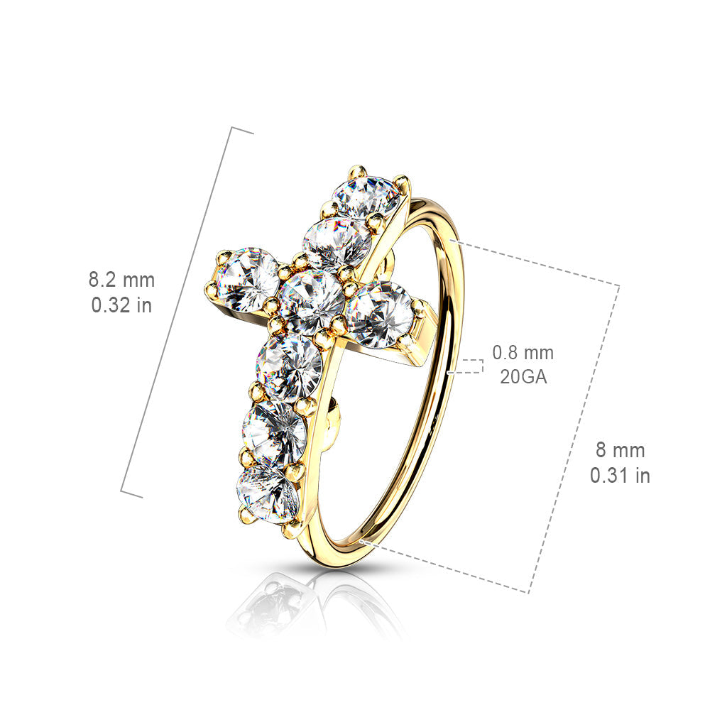 20 Gauge Crystal Paved Cross Hoop Ring For Nose & Ear