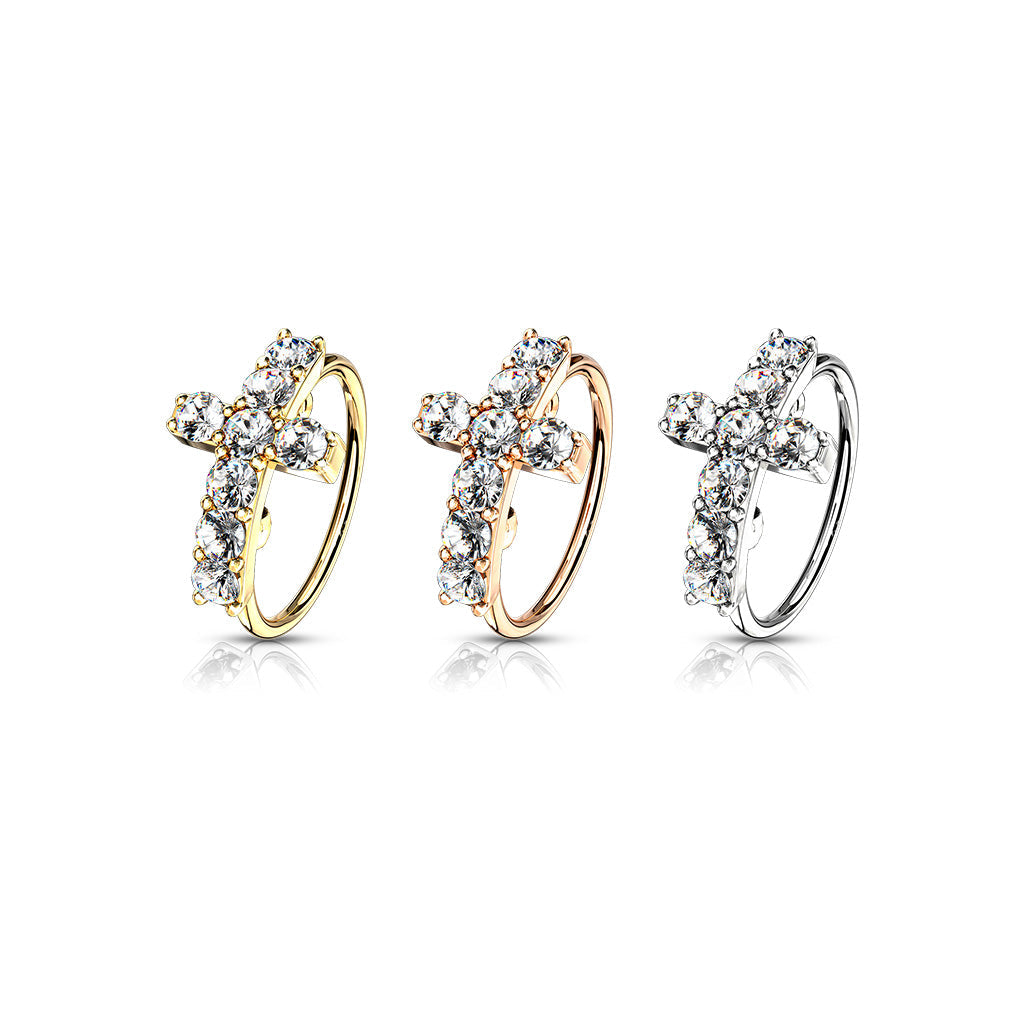 20 Gauge Crystal Paved Cross Hoop Ring For Nose & Ear