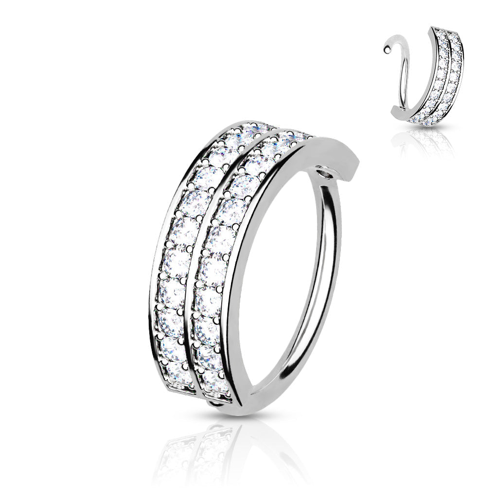 20 Gauge Double Lined Silver Half Circle Crystal Hoop Ring