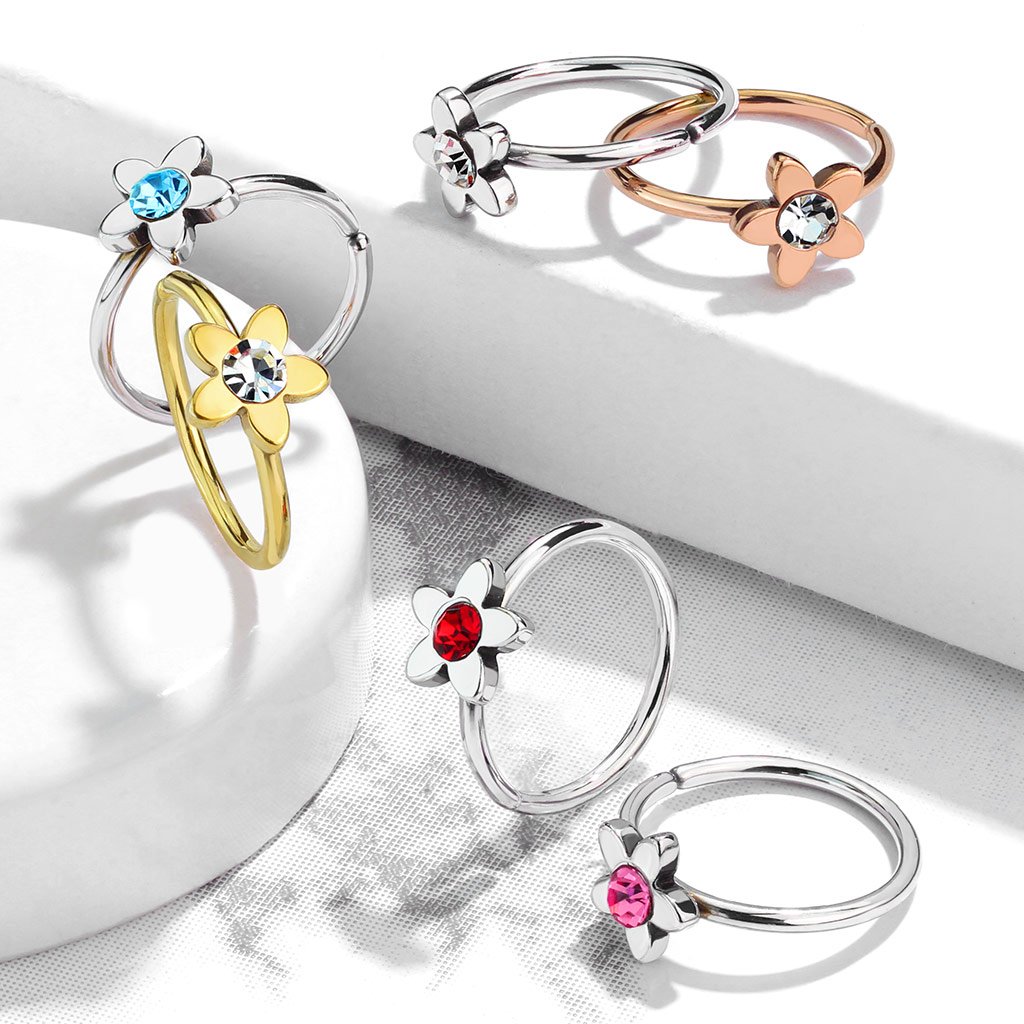 20 Gauge Jewelled Flower Surgical Steel Bendable Hoop Ring
