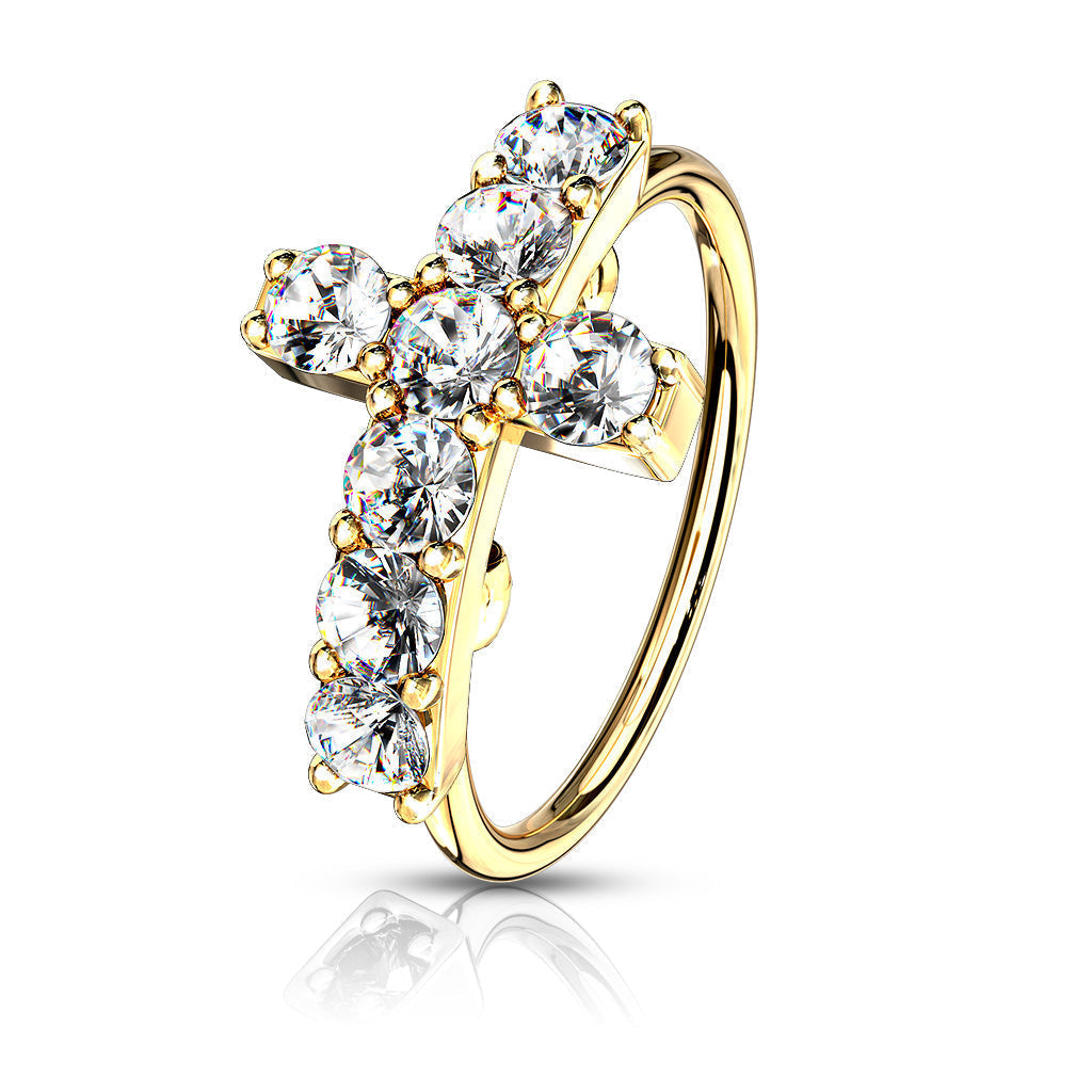 20 Gauge Crystal Paved Cross Hoop Ring For Nose & Ear