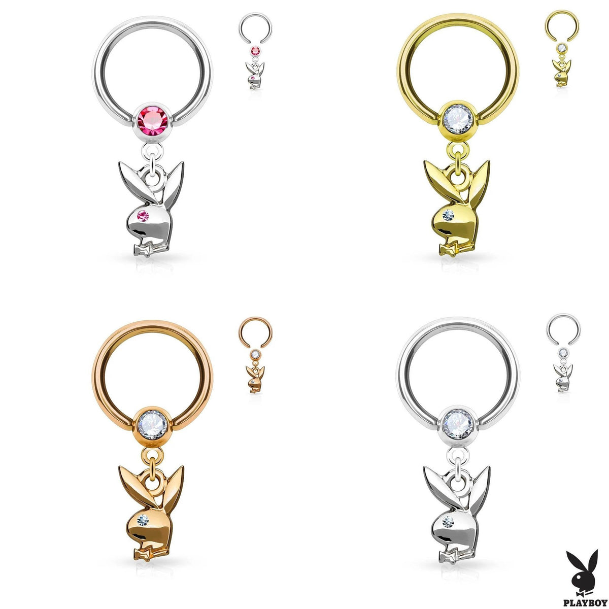 Playboy Bunny Dangle Crystal Set ball Captive Hoop Ring