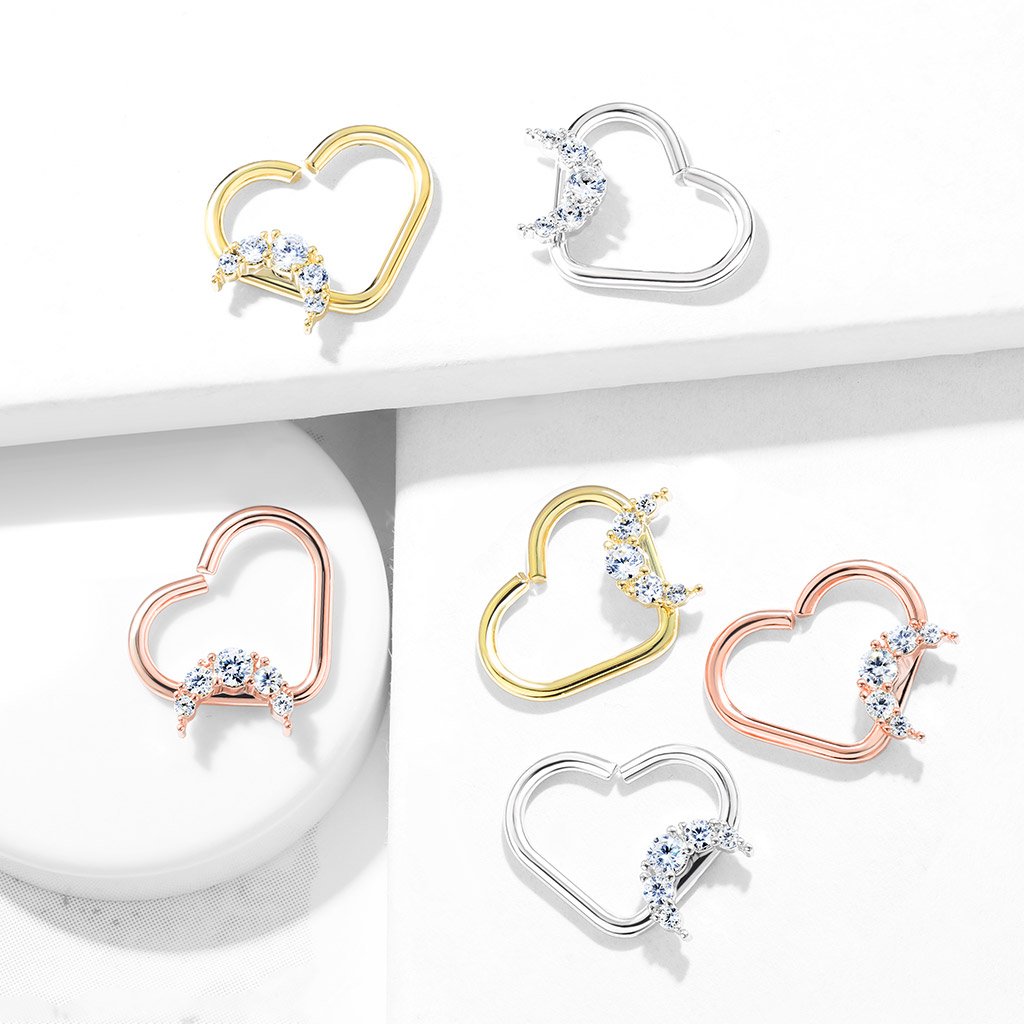 16 Gauge Heart With Crystal Moon Ear Cartilage / Daith Hoop