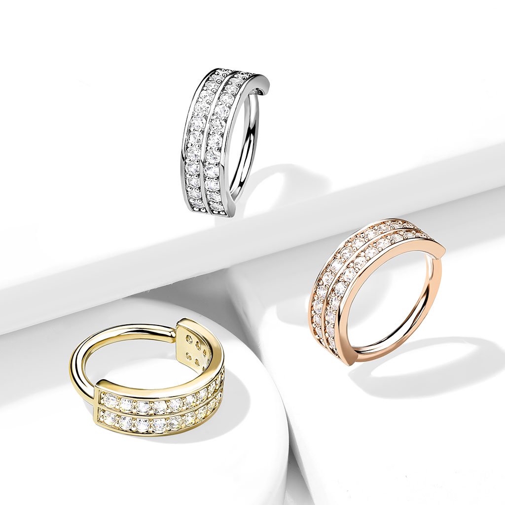 20 Gauge Double Lined Gold Half Circle Crystal Hoop Ring