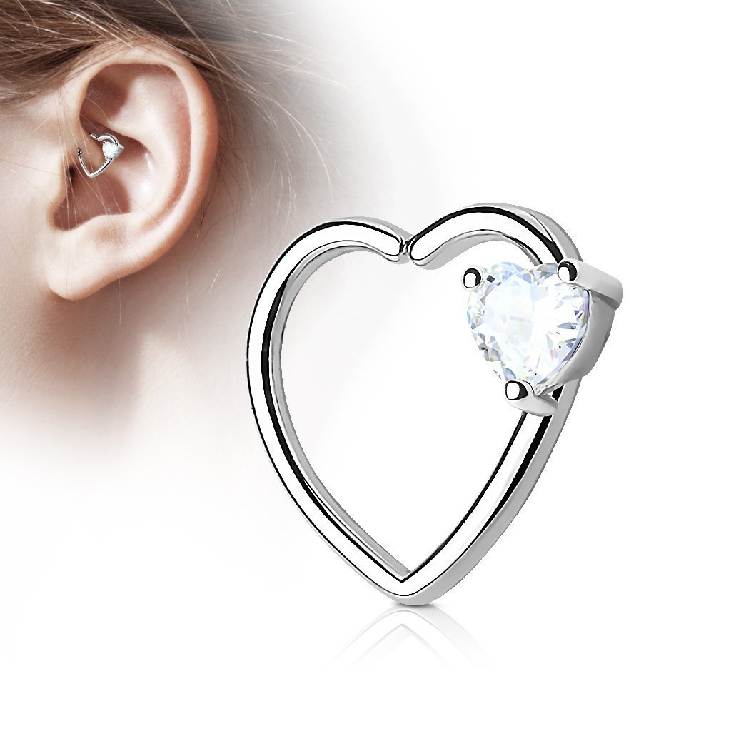 Crystal Heart 16 Gauge Ear Cartilage / Daith Hoops