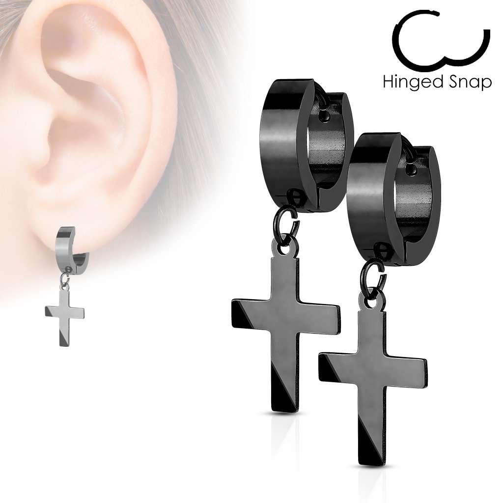 Dangling Cross Huggie Hoop Earrings - Black